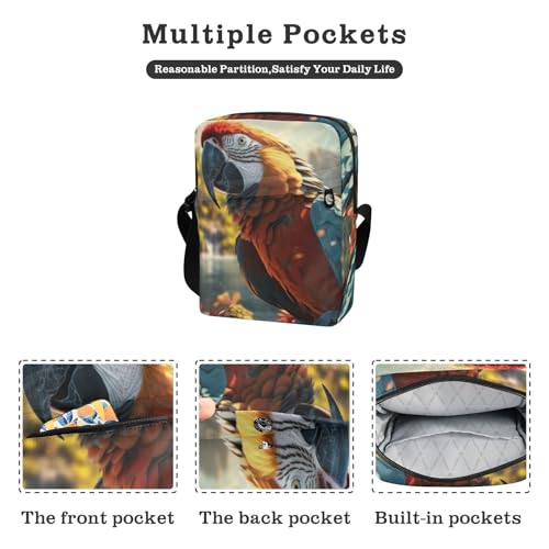 Crossbody Bag Realistic Parrot Print, Multiple Pockets Zipper Closure Messenger Bags Pouch with Phone Card Passport Compartment 6.6×9.4×2.5 IN2