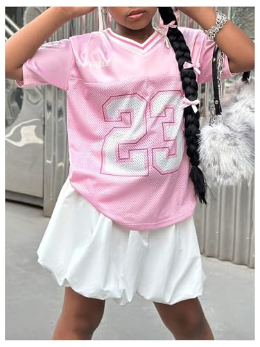 Image of WDIRARA Girl's Number Graphic Jersey Shirts Short Sleeve V Neck Tees Oversized T-Shirt Tops