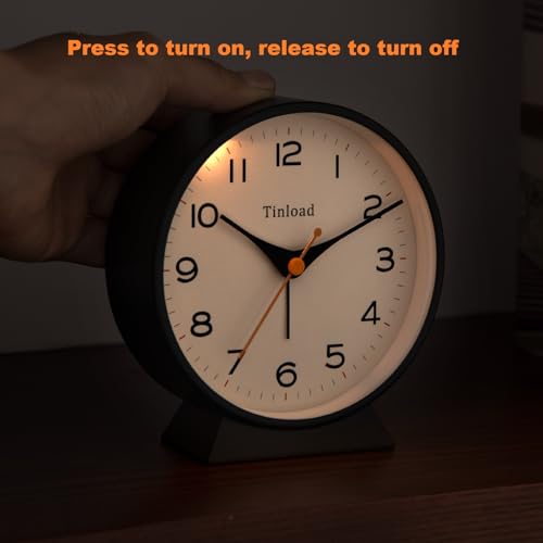 Image of Tinload 4.5 inch Battery Operated Retro Analog Alarm Clock, Small Silent Bedside Desk Clock,Lighted on Demand, Battery Operated, Snooze, for Living Room, Bedroom, Bedside, Desk(Black)