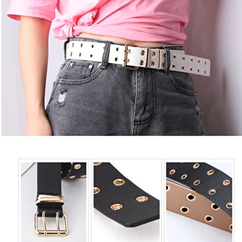 Double Grommet Belt PU Leather Punk Belt for Women Men Jeans 2 Hole Belts, Brown, Free Size4