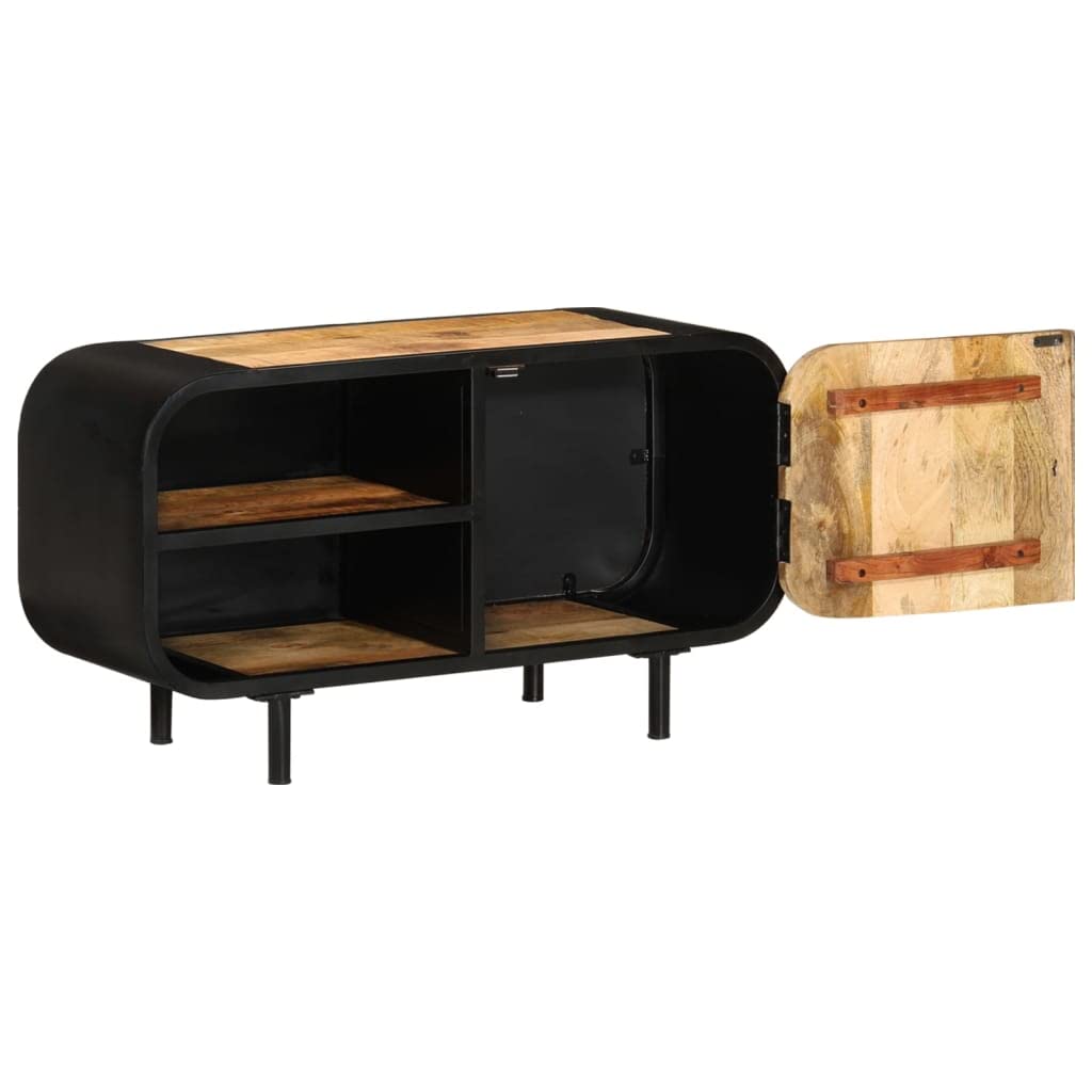 Mobile TV in legno di mango grezzo, 90 x 30 x 48 cm, con scomparto e ripiani, stile industriale, spazio per soggiorno, combinazione legno e metallo, comò basso per TV