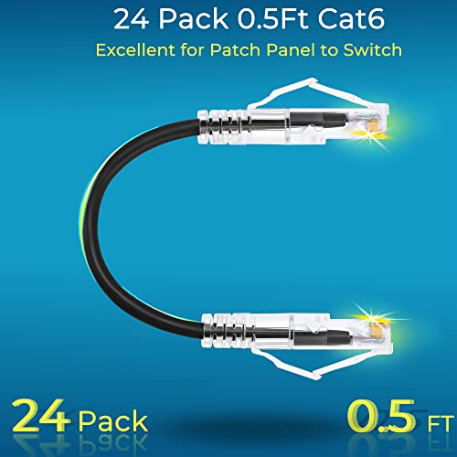 Rapink Patch Cables Cat6a 0.5ft 24 Pack Slim, Cat6a Ethernet Patch Cable 10G Support, Snagless Cat 6 Patch Cable for Patch Panel to Switch, Flexiable Cat 6a Ethernet Cable with Gold Plated Black