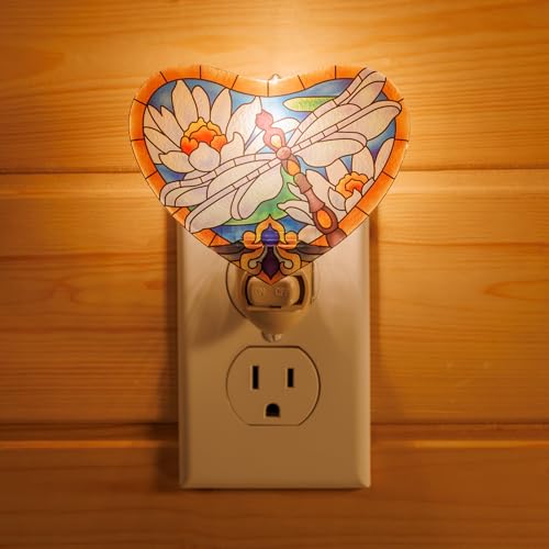 Image of Dragonfly with White Lotus Night Light - Stained Glass Styled Plug-in Wall Light for Vertical Outlets - Real Glass, Warm Glow for Bedroom, Bathroom, Hallway -Gift for Nature Lover