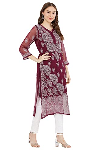 Image of FAWOMENT Women's Designer Straight Georgette Hand Embroidered Lucknowi Chikankari Kurta Designed in Side Jhaar Pattern Alongwith Slip