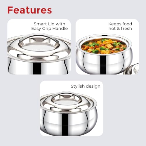 Image of AVIAS Onyx Press Type Stainless Steel 2000ml Casserole | Double Walled PUF Insulated Roti & Chapati Hot Box for Kitchen | Hot case for Rice & Gravy |2L