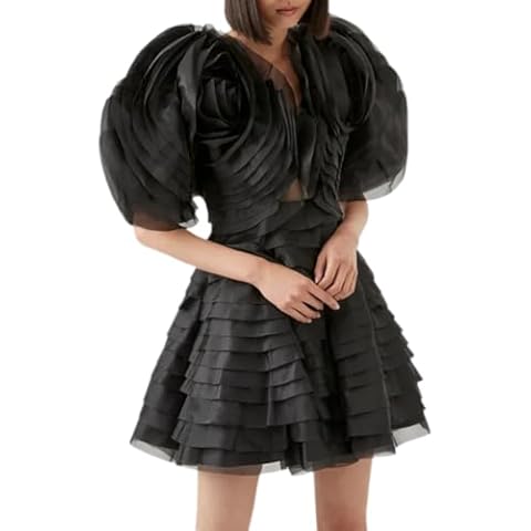 WDPL Women's Mini A-line Floral Layers Short Sleeve Party Dress Black US 8 Cover