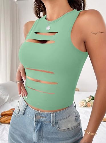 Image of LovelyWholesale Women Sexy Cut Out Crop Tank Tops Crew Neck Summer Sleeveless Top