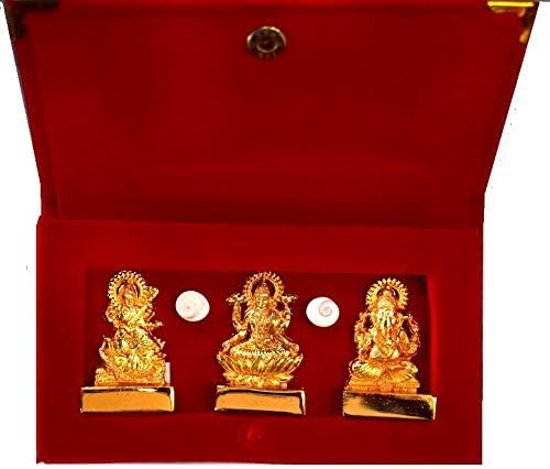 Golden plated Lakshmi Ganesh Saraswat idol / murti in velvet document pack ( Diwali gift item )