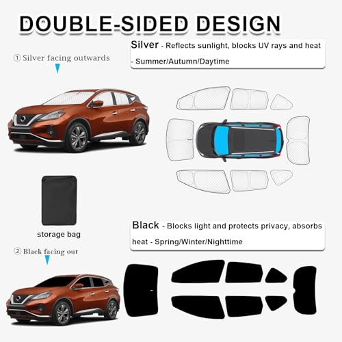 Image of KMF 8pcs Thicken Sun Shades for Nissan Murano 2015-2024 Accessories, Full Car Window Covers Sunshade for Windshield Side Rear, UV Block and Blackout Privacy for Car Camping Outdoor