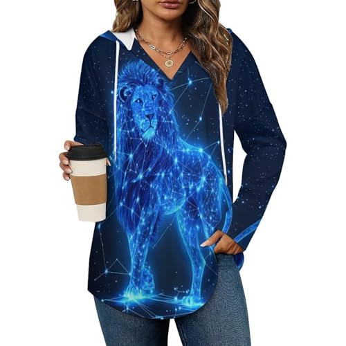 Leo-constellations Liones Hoodies for Women V Neck Pullover Sweatshirts Long Sleeve Shirts Fashion Tops