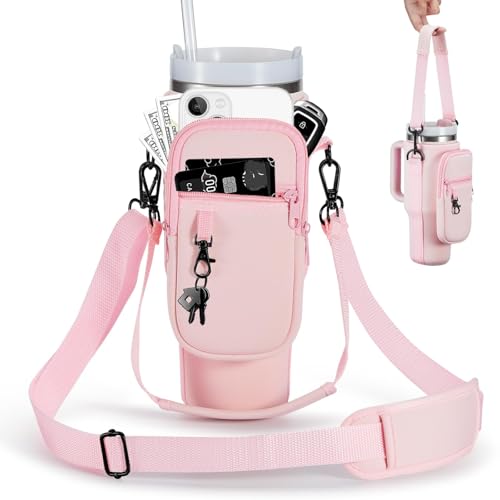 Image of 30oz Water Bottle Carrier Bag with Phone Pocket for Pink Stanley 30 oz Tumbler with Handle, Neoprene Water Cup Holder Pouch with Strap for Valentines Stanley Cup Accessories