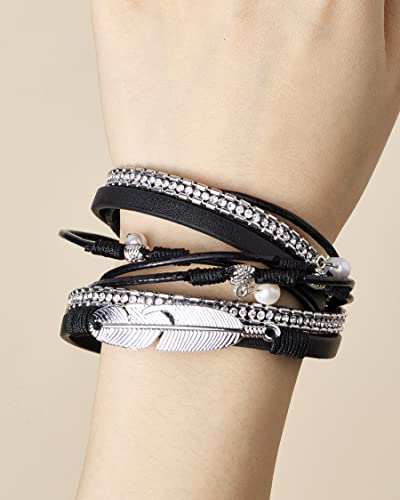 Leather Wrap Bracelet Boho Stackable Cuff Bracelets With Magnetic Clasp Accessories Jewelry Gifts For Women Teen Girls (Black Leather(Feather)) #TOP2