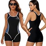 Womens Boyleg One Piece Swimsuits, Modest Elastic Ladies Sexy Swimming Costume, Black Racer Back Athletic Full Coverage Slimming Bathing Suit Swimwear with Short