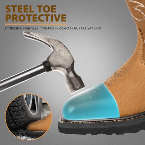 Cowboy Boots for Men with Steel Toe & Shank, Leather Anti Slip Square Toe Work Boots Western Men's Brown Boots for Manufacturing, Construction, Farming, Size 7-142