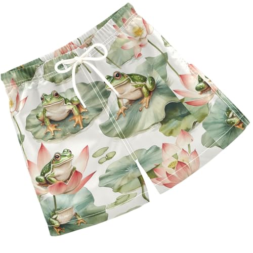 Pigsaly Boys' Swim Board Shorts Watercolor Cute Green Frogs Lotus Flowers Boy's Swim Trunks Kids Swimwear 5T