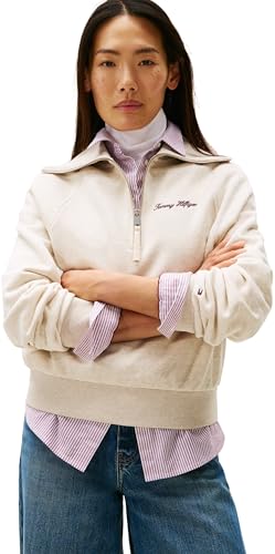 Tommy Hilfiger Damen Sweatshirt mit Reißverschluss Classic Script Fleece Half-Zip, Elfenbein (Heather Oatmilk), XXS – Ansicht 1