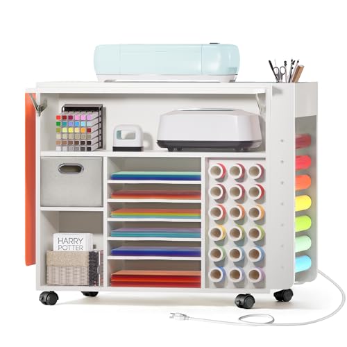 Image of Craft Organizers and Storage Cart with Extendable Desktop and Power Outlet, Compatible with Cricut Maker, Craft Table with Drawer & Vinyl Roll Holders, Craft Cabinet Workstation