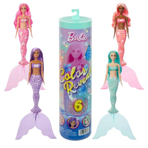 Barbie Boneca e acessórios da coleção Color Reveal com tema de sereia e 6 surpresas, incluindo ornamentos e mudança de cor (os estilos podem variar), JMW61
