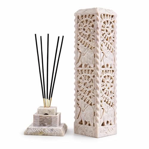 Carry Me Handmade Marble Soapstone Incense Stick Burner | Candle Stick Holder | Tea Light Stand - Perfect Elephant Carving for Gifting. Decorative Home and Kitchen Decor (3 x 3 x 11 Inches)
