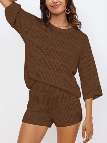 SuperPrity Swimsuit Coverup for Women Crochet Knit 3/4 Sleeve Two Piece Sets Summer Beach Outfits Bathing Suit Cover Up Set2