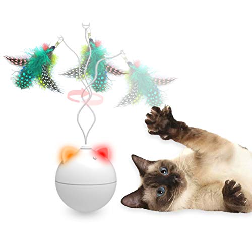YSCEN Cat Toys for Indoor Cats Automatic Interactive with Cats/Kittens, Feather can Replaced, Pet Toy Detachable abs Environmental Friendly Soft Cotton Head - White