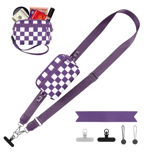 Image of YFWE Clip and Go Strap for Phone with Wallet Crossbody, Adjustable Phone Lanyard with Detachable RFID Wristlet Wallet, Phone Strap with Phone Tabs for All Phones, Purple Checkered (M)