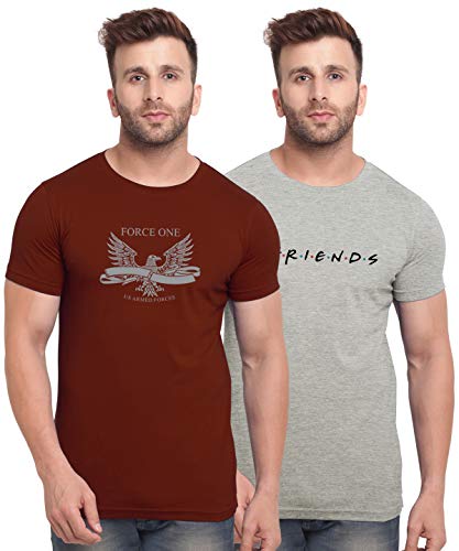 Image of BULLMER Mens HalfSleeve Round Neck Printed Cotton Tshirt - Combo Tshirt - PaCK of 2 Multicolour