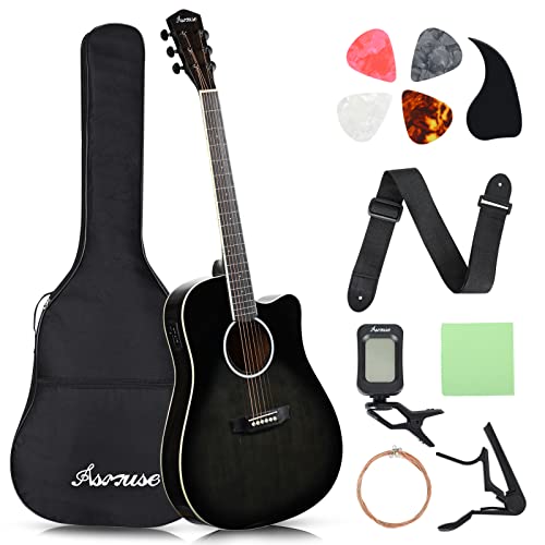 Asmuse Acoustic Electric Guitar, Full Size Acoustic Electric Guitar Bundle with Strings, Strap, Pickup and Bag for Adults Beginners (Black)