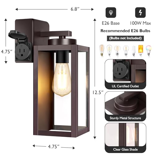Image of BesLowe Porch Lights with Outlet, Brown Modern Outdoor Wall Light Fixtures | UL-Listed Extra Power Socket, Waterproof, Rust-Resistant, Durable Metal with Clear Glass, Easy to Install