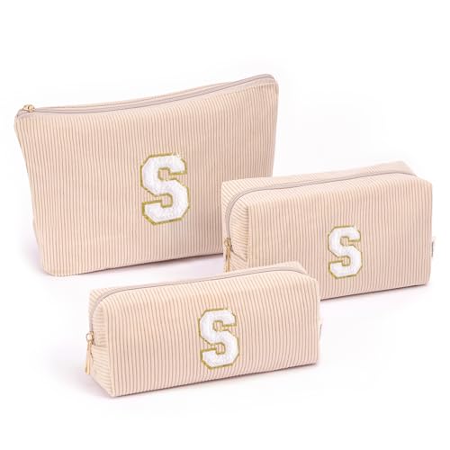 Image of Vavabox Corduroy Makeup Bag Set for Women, A-Z Personalized Cosmetic Bag for Travel Toiletry Organizer, Gifts for Women Mom Girls (S, 05-Khaki)