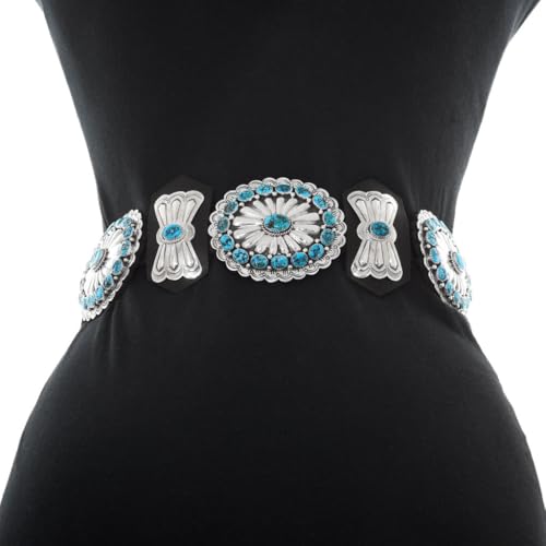 Native American Kingman Turquoise Nugget Concho Belt Full Size Hammered and Antiqued Silver Design on Genuine Leather 05202