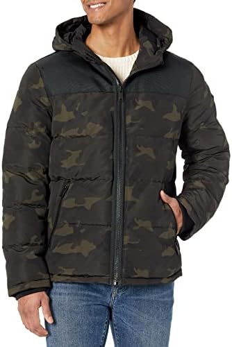 DKNY Men's Shawn Quilted Mixed Media Hooded Puffer Jacket, Camouflage, XX-Large