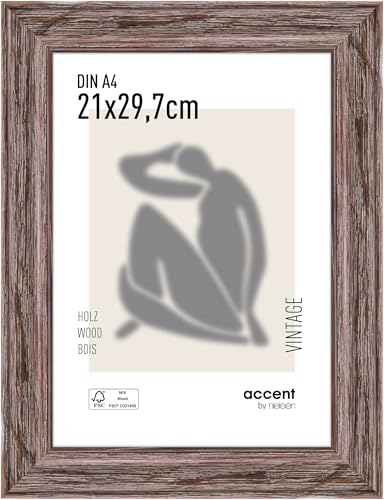accent by nielsen Bilderrahmen, 21 x 29,7 cm (A4), Holz, Braun, Dokumentenrahmen zum Aufhängen im Hoch- & Querformat, Echtglas, Vintage