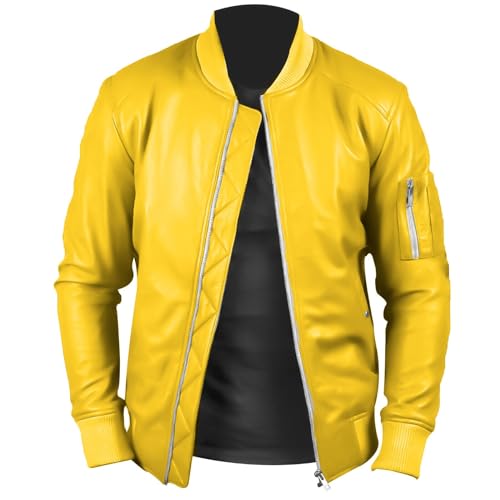 Men's 100% Real Lambskin Leather Yellow Bomber Jacket Stylish Flight Biker Jacket2