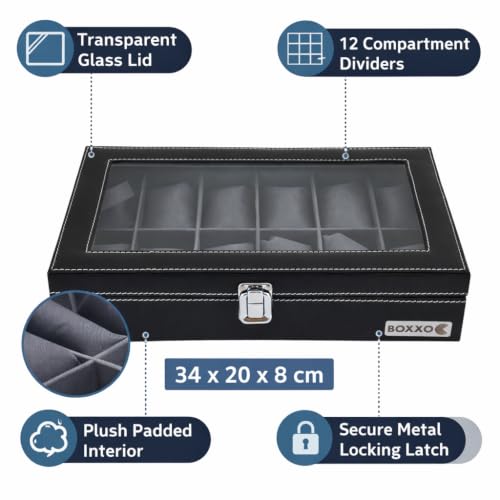 Image of BOXXO 12 Slot Watch Organizer Box for Men & Women - Premium PU Leather Watch Case, Soft Velvet Cushions & Glass Lid Display, Elegant Storage Box - 34x20x8 cm (Black & Black (Transparent), 12 Slots)