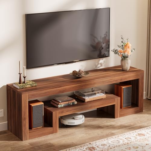 Image of Tribesigns 63-Inch TV Stand for 55 /60 /65 /75-Inch TVs, Farmhouse Entertainment Center with Open Storage Shelves, Wood Television Console for Living Room, Bedroom, Walnut