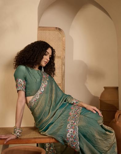 Image of SIRIL Women's Shimmer Georgette Scalloped Border Sequins Embroidery Saree with Unstitched Blouse Piece