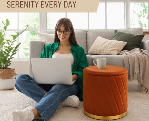 Image of Luxury Velvet Ottoman Stool for Living Room & Bedroom | Premium Round Pouffe with Gold Metal Base | Modern Footrest, Extra Seating & Home Decor (Brwon Single)