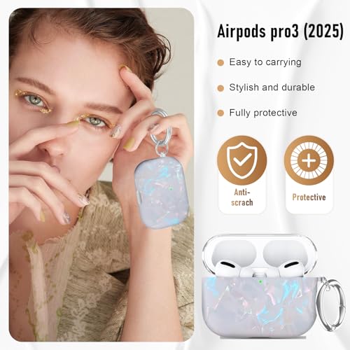 Image of Compatible Airpods Pro 3 Case (2025),Design Shell Print Silicone Protective Cases for Apple AirPods Pro 3rd Generation Case,Airpod Pro 3 Cover with Keychain&Cleaner Kit for Women /Girls,White Shell