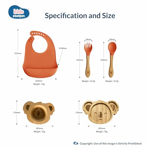 Image of Kids Station Koala Design 5-Piece Silicone Feeding Set for Babies | BPA-Free, Includes Suction Plate, Bowl, Spoon, Fork & Bib | Ideal for Infants & Toddlers (Set of 5 Koala Feeding Set, Orange)