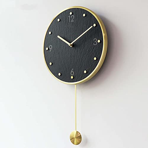 KFETCN Relojes de Pared con péndulo, Relojes silenciosos Minimalistas Modernos Que no Hacen tictac, Reloj de Pared de Pizarra Natural de latón para Dormitorio, Sala de Estar, Oficina, Dormitorio, d