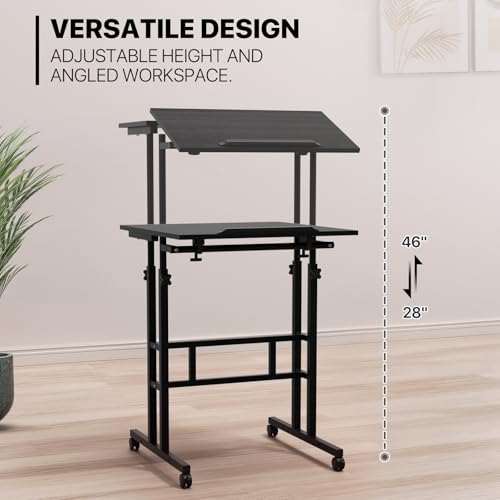 MoNiBloom Mobile Desk Workstation Height Adjustable Rolling Laptop Stand Table with Wheels for Home Office Laptop Cart, Computer Desk, Black - Thumbnail 6
