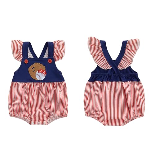 Baby Girl Baseball Outfits Fly Sleeve Stripe Print Square Neck Baseball Embroidery Romper Newborn Summer Clothes3