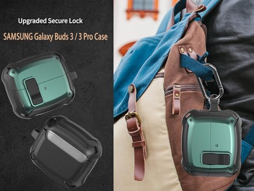 Image of Galaxy Buds 3 Pro /3 /3 FE Case Cover with Secure Lock Clip, Shockproof Samsung Galaxy Buds3 /3 Pro 2024 /3 FE 2025 Protective Hard Cover Shell with Carabiner&Cleaner kit for Men Women, Black /Green
