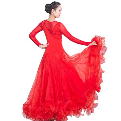3. Caratteristiche e Design: Maniche Lunghe con Cuciture in Pizzo a Rete Prospettico, Slim Fit, Taglio Tridimensionale 3D, Gonna Lunga A-Line Svasata a 360 Gradi, Presenterà un Perfetto Effetto Visivo Glamour Quando Ballate.