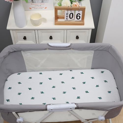 Image of Onacosht Muslin Bassinet Sheets 3 Pack for Baby Unisex, Green Leaf & Cactus