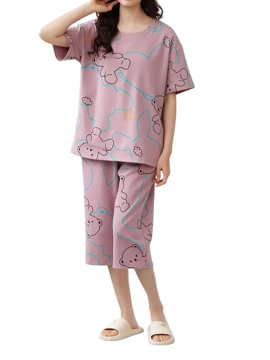Women’s Cotton Pajama Set with Top & Pants|| Korean Night Suit|| Lightweight Printed Set || Soft & Comfy Sleepwear for Girls & Women