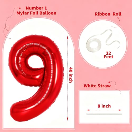 Image of Number Balloons Red Party Balloon - 40 Inch Large Number 9 Balloon, Numbers Balloon Birthday Decorations, Red Party Supplies for Anniversary