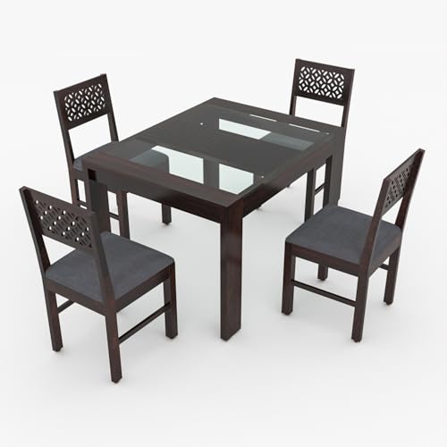 Image of Solid Sheesham Wood Dining Glass Top Table Set of 4| Wooden 4 Seater Dining Table with 4 Chairs with Cushion|Wood Dining Table & Chairs for Home, Restaurant, Cafe,Dining Room|Walnut Finish
