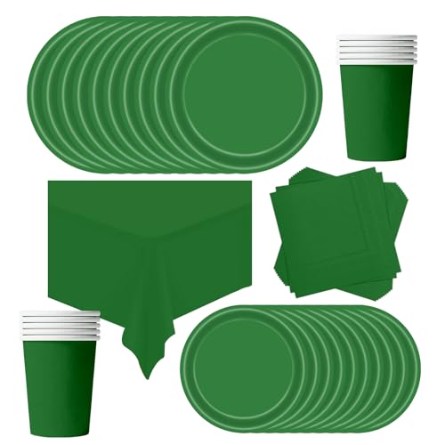 POPOYU Louça de festa de aniversário infantil, cor verde, 69 unidades, conjunto de pratos de papel, toalha de papel, canecas, pratos, guardanapos para o Natal, aniversários, casamentos, aniversários